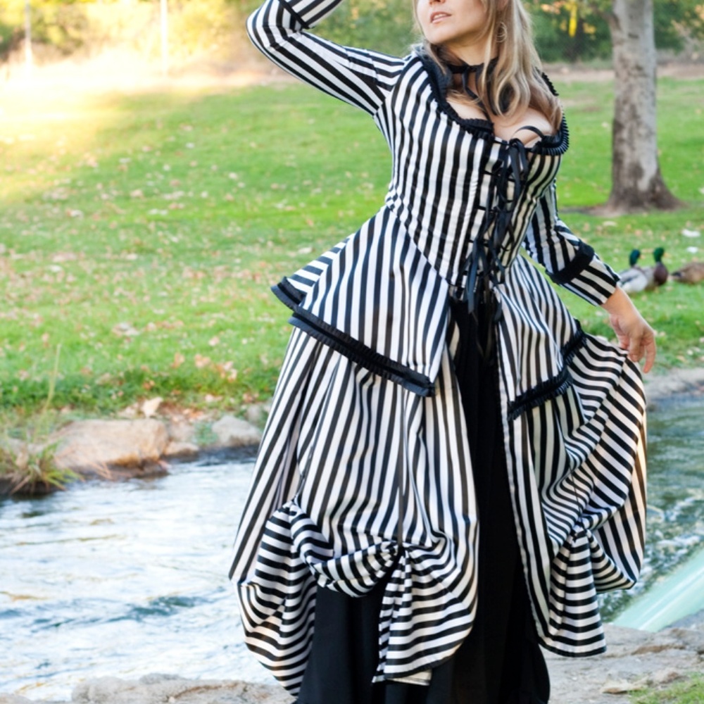 Black and White Striped Gothic Rococo Gown - Picture 8 of 11